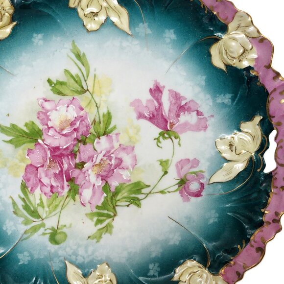 Antique RARE Made In Austria 3172 Hand Painted Floral Cake Plate w/Gold Leaf - Picture 6 of 9